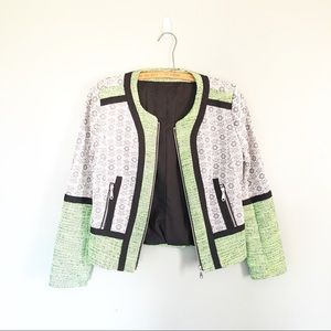 Open-Front Tweed Jacket in Light Green and White
